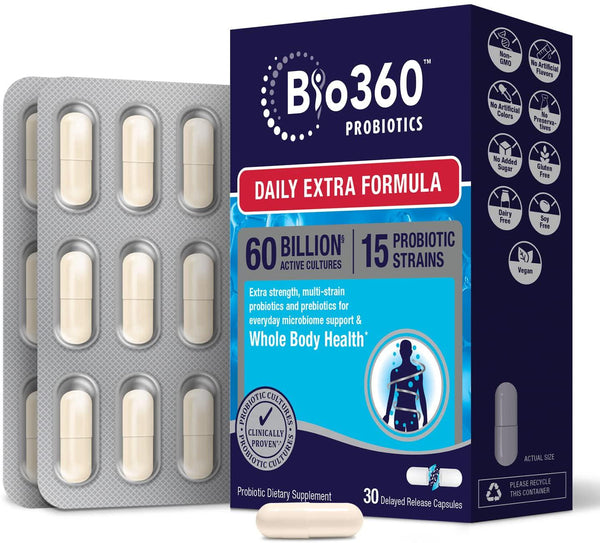 Bio360 Probiotic Daily Extra Formula | Vegan Prebiotics and Probiotics for Women and Men | 60 Billion CFU 15 Strain | Stable Blister Pack | 30 Supplements