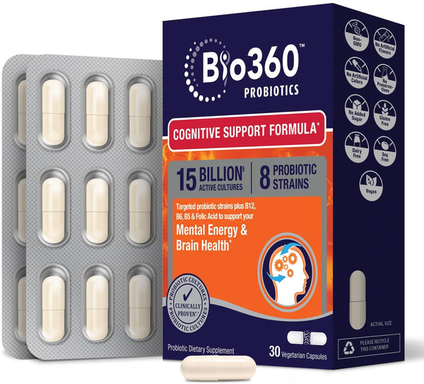 Bio360 Probiotics | Cognitive Support Formula | Brain Health and Mental Energy Probiotic for Women and Men | Vitamin-enriched | 30 Vegan Supplements