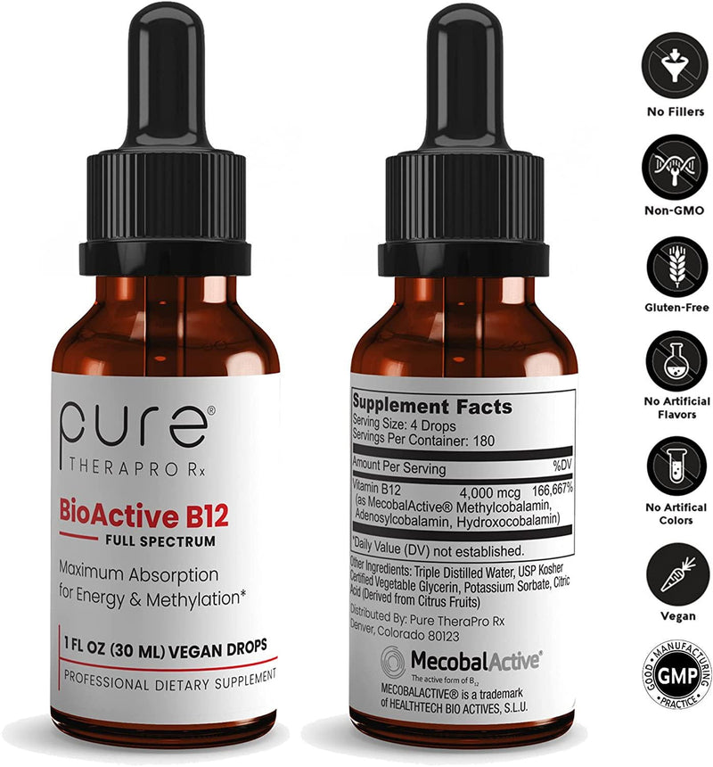 BioActive B12 Full-Spectrum (Sublingual Drops) 180 Day Supply: 4,000 mcg Per Serving | Includes 3-in-1 Bioavailable: Methylcobalamin, Adenosylcobalamin and Hydroxocobalamin | Vegan