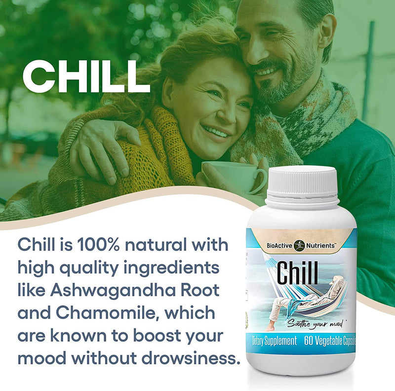 BioActive Nutrients Chill Supplement - Stress Relief, Anxiety Relief - Ashwagandha Pills - Pure, Calm Mood Boost Supplements with Herbs from Nature, Such as Ashwagandha Root - 60 Ashwagandha Capsules