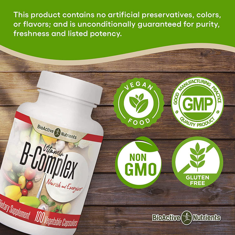 BioActive Nutrients Vitamin B Complex Dietary Supplement - 100 Vegetable Capsules - Scientific Blend to Nourish and Energize - Essential for Overall Health