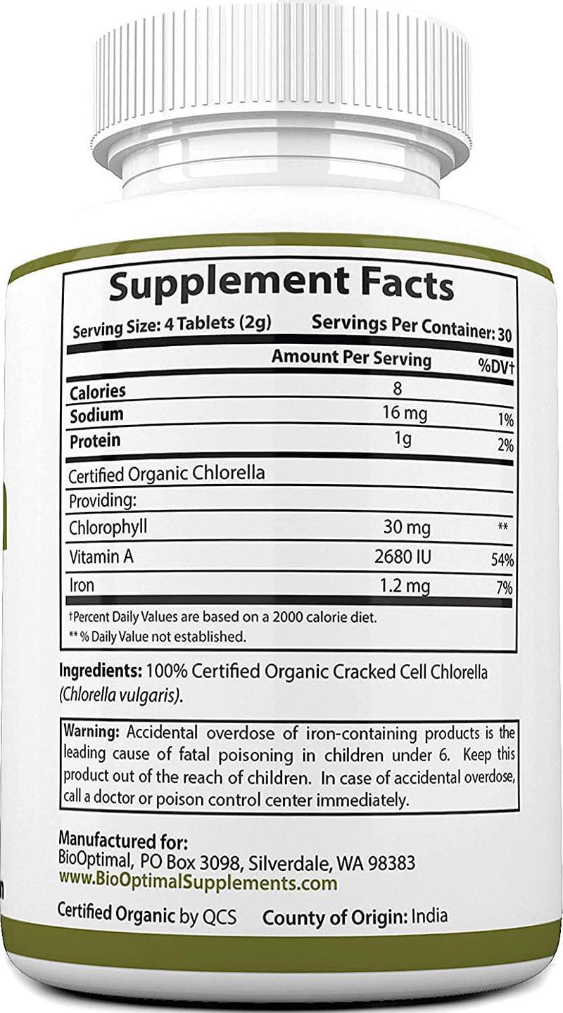 BioOptimal Chlorella, Organic Chlorella Tablets, 100% USDA Organic, Premium Quality 4 Organic Certifications, Non-GMO, No Additives Capsules Or Fillers,120 Count