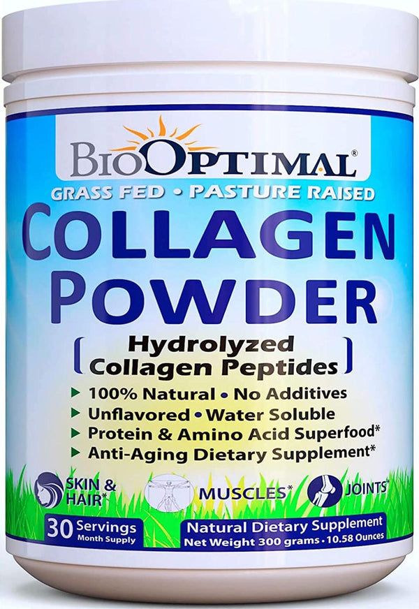 BioOptimal Collagen Powder - Collagen Peptides, Grass Fed, for Skin, Hair, Nails and Joints, Collagen Supplements for Women and Men, Pasture Raised, Dissolves Easily, 300 Grams