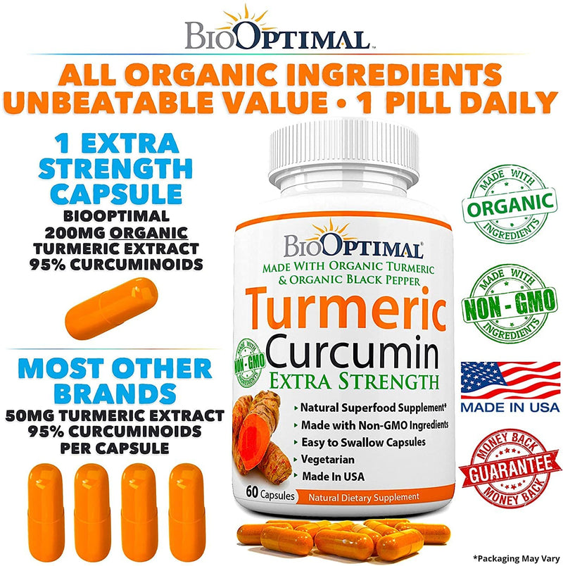 BioOptimal Organic Turmeric Capsules, 2 Month Supply, Turmeric Curcumin Supplement, Organic Turmeric with Black Pepper, Non-GMO, Extra Strength, Joint Pain Relief, 1 Daily, 60 Turmeric Pills