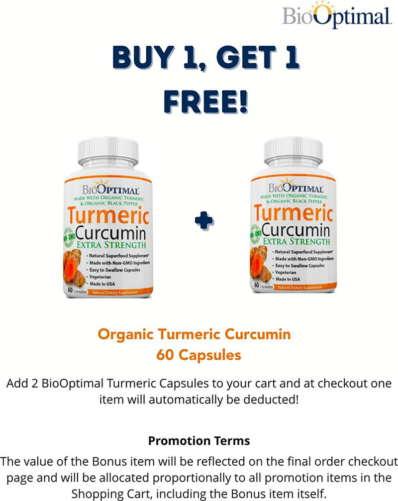 BioOptimal Organic Turmeric Capsules, 2 Month Supply, Turmeric Curcumin Supplement, Organic Turmeric with Black Pepper, Non-GMO, Extra Strength, Joint Pain Relief, 1 Daily, 60 Turmeric Pills