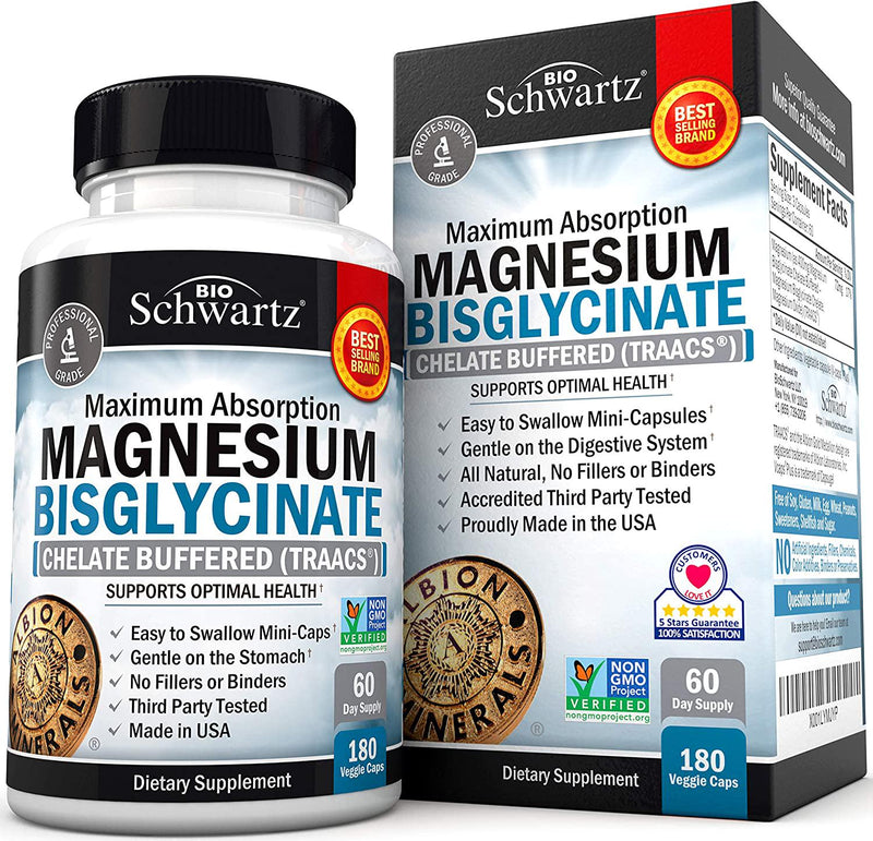 BioSchwartz Magnesium Bisglycinate 100% Chelate No-Laxative Effect. Maximum Absorption and Bioavailability, Fully Reacted and Buffered. Sleep, Energy, Stress and Anxiety, Leg Cramps, Headaches. Non-GMO Project Verified, 180 Count (Pack of 1)