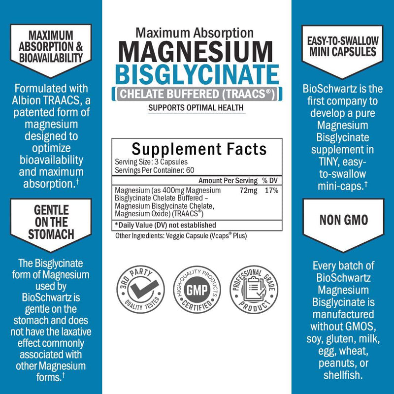 BioSchwartz Magnesium Bisglycinate 100% Chelate No-Laxative Effect. Maximum Absorption and Bioavailability, Fully Reacted and Buffered. Sleep, Energy, Stress and Anxiety, Leg Cramps, Headaches. Non-GMO Project Verified, 180 Count (Pack of 1)