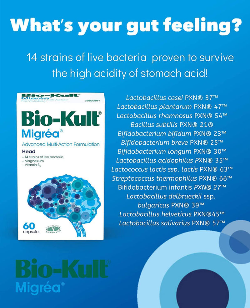 Bio-Kult Migréa - 60 Capsules - Multi-Strain Probiotics, with Magnesium Citrate and Vitamin B6, 60 count