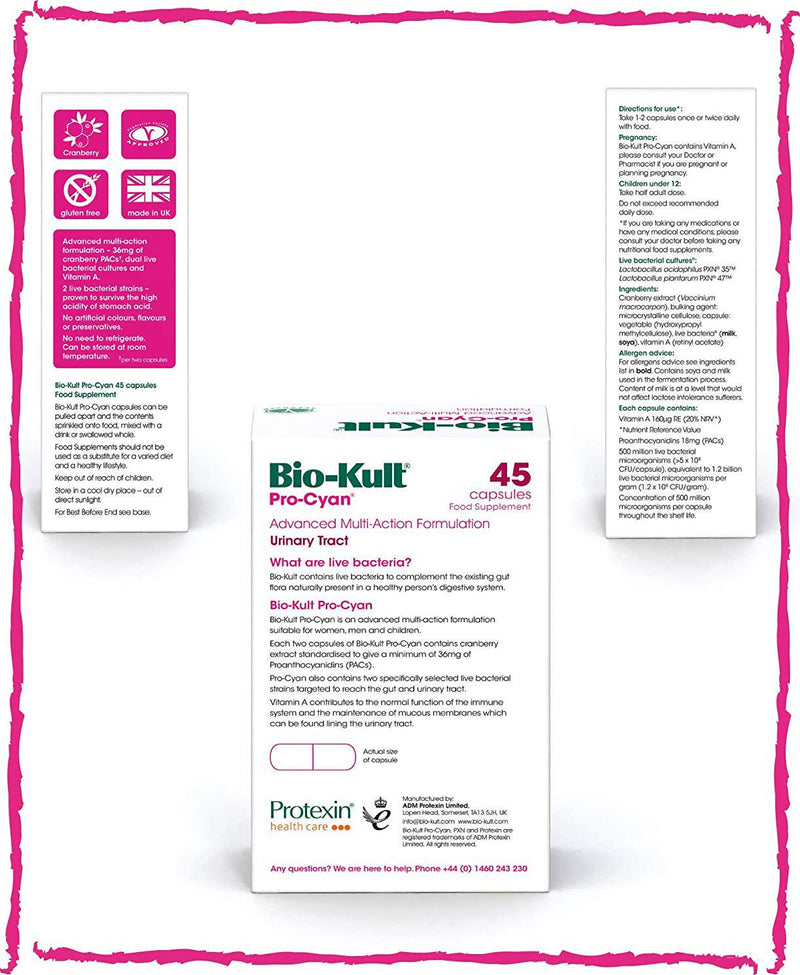 Bio-Kult Pro Cyan - 45 Caps, Probiotics for Women, Targets Urinary Tract, With Cranberry Extract and Vitamin A, 45 count