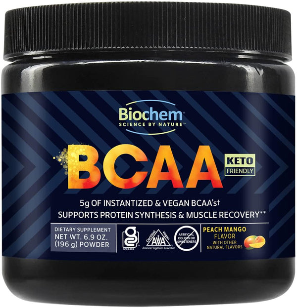 Biochem Vegan and Instantized BCAA Powder – Great Tasting Natural Peach Mango – 2:1:1 Ratio – Supports Protein Synthesis and Muscle Recovery – Pre, Intra and Post Workout – Nothing Artificial – 30 Servings