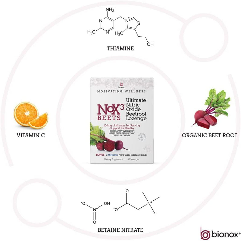 Bionox Nox3 Organic Beetroot with Nitric Oxide Test Strips, Blood Pressure Support, Delicious Dark Cherry Flavor, Beet Superfood, 30 Days