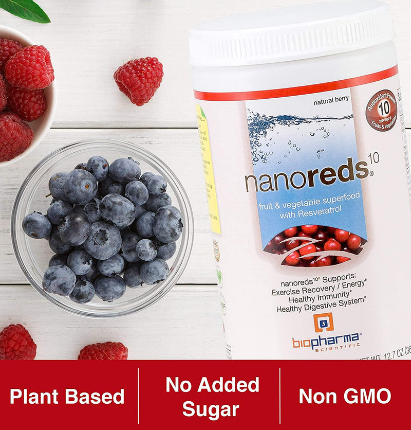 Biopharma Scientific NanoReds Fruit and Vegetable Superfood Powder | Natural Berry Flavor | 30 Servings | Resveratrol, Antioxidant Blend, Fiber, Vitamin C, Wellberry