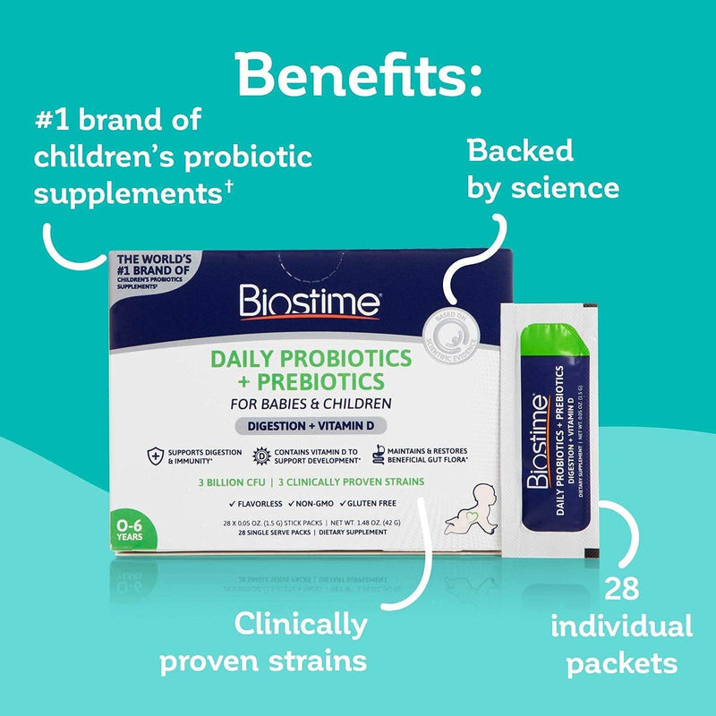 Biostime Probiotic for Baby, Kids and Infants | Daily Vitamin D Powder Supplement Supports Digestion, Bone Health and Immunity | 28 Single Stick Packs