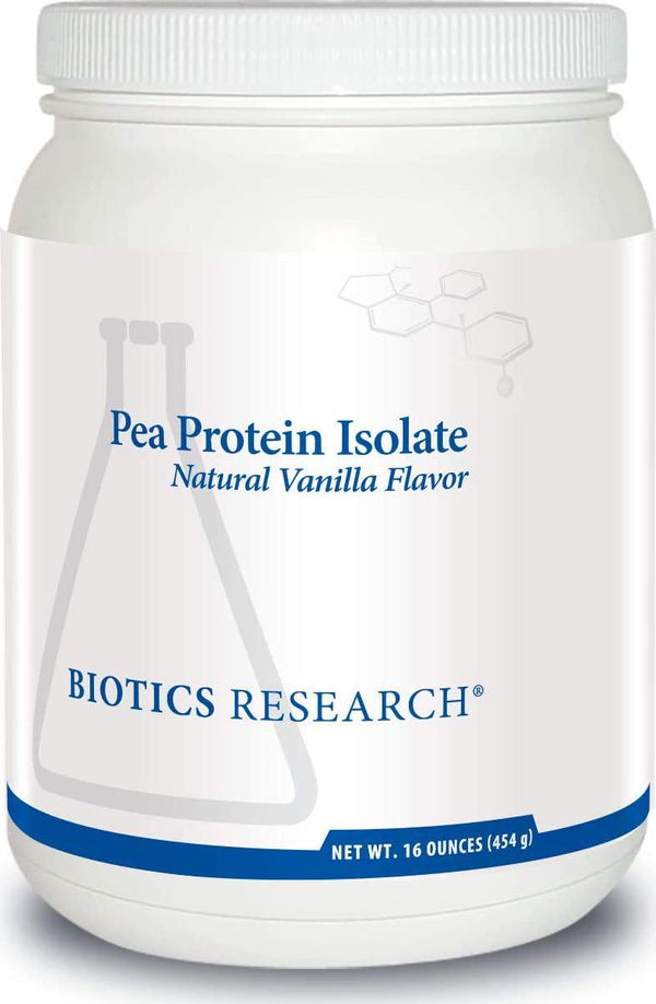 Biotics Research Pea Protein Isolate Natural Vanilla Flavored. Mixes Easily with Water or Juice. Premium Pea Protein. 25 Gram Clean Protein per Serving 16 Ounces
