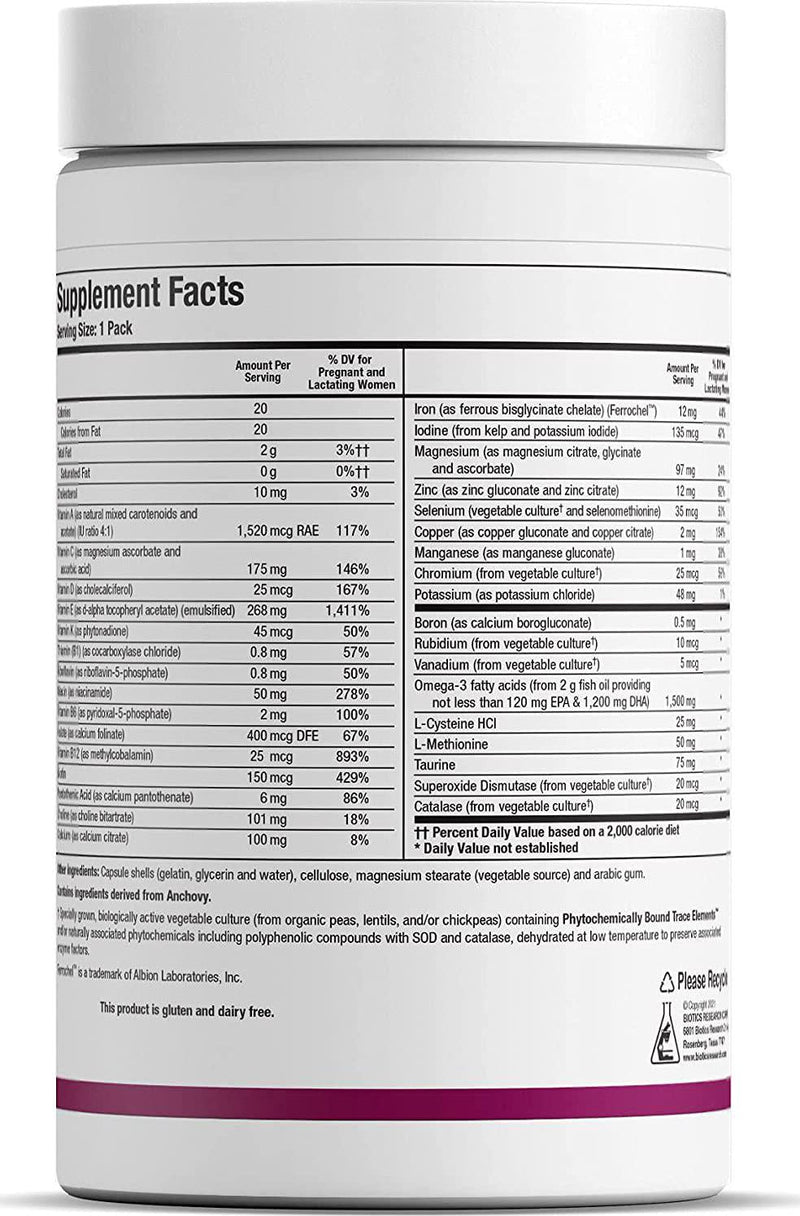 Biotics Research Pre Natal Packs Pre Natal Nutrition Support. Post Natal Formula. Includes Omega3s. Iodine and Folate. Nutritional Needs for Pregnant, Lactating and Women Wishing to Conceive. 30Pack