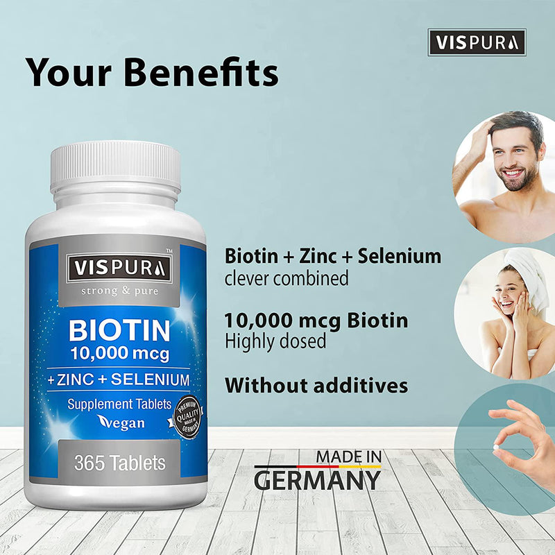 Biotin 10000 mcg Vitamin B7 + Zinc + Selenium, Pure, Vegan and Extra Strong, Best Supplement for Hair Growth, Glowing Skin, Strong Nails*, 365 Tablets for 12 Months, Natural Without Additives