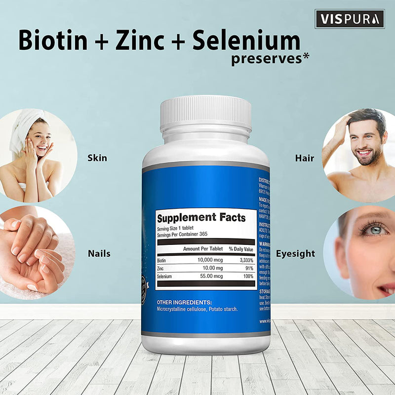 Biotin 10000 mcg Vitamin B7 + Zinc + Selenium, Pure, Vegan and Extra Strong, Best Supplement for Hair Growth, Glowing Skin, Strong Nails*, 365 Tablets for 12 Months, Natural Without Additives