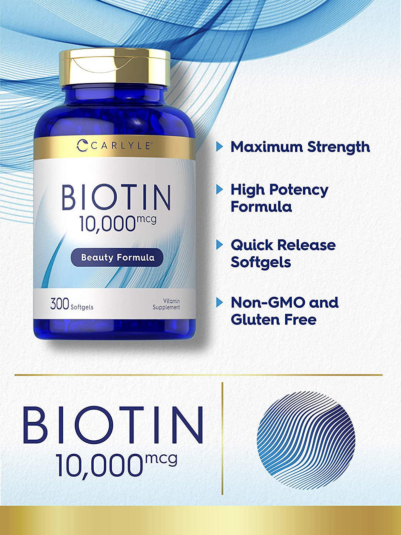 Biotin 10000mcg | 300 Softgels | Max Strength | Non-GMO, Gluten Free Supplement | by Carlyle