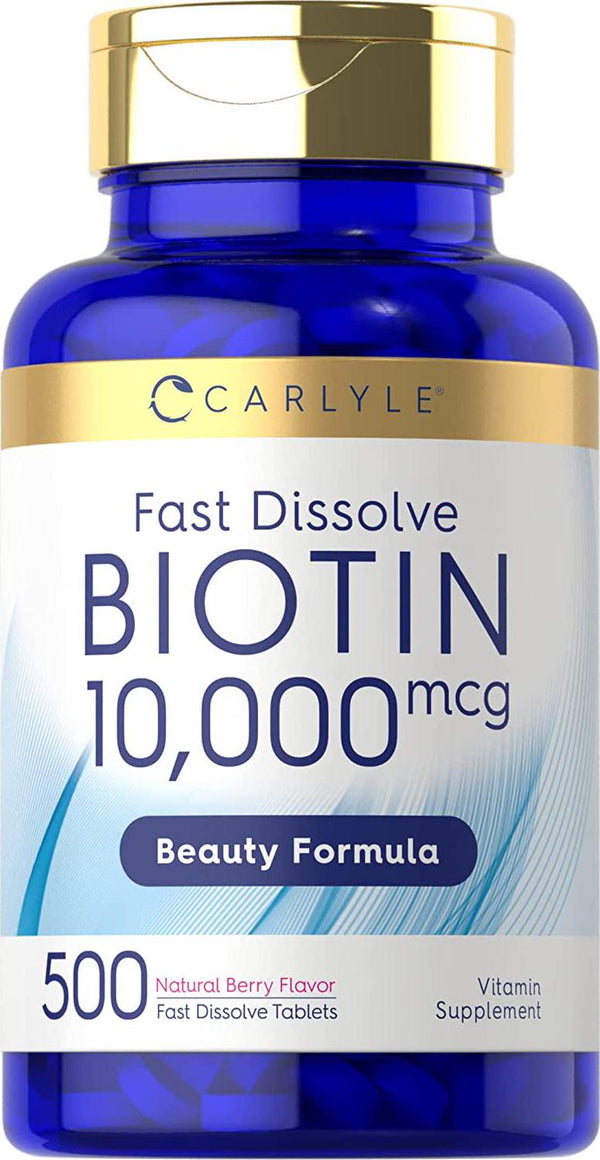 Biotin 10000mcg | 500 Fast Dissolve Tablets | Max Strength | Vegetarian, Non-GMO, Gluten Free Supplement | by Carlyle