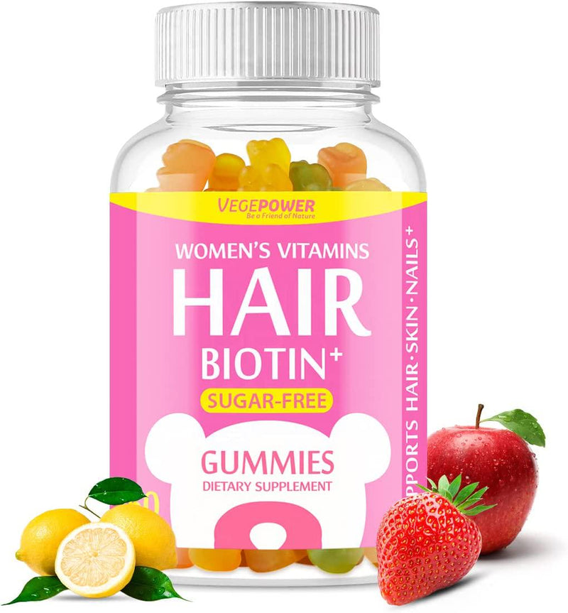 Biotin 10000mcg Gummies Hair-Growth Sugar-Free - VEGEPOWER Vegan Vitamins Supports Healthy Skin and Nails Non-GMO Multivitamin Supplement for Women Men 120Count