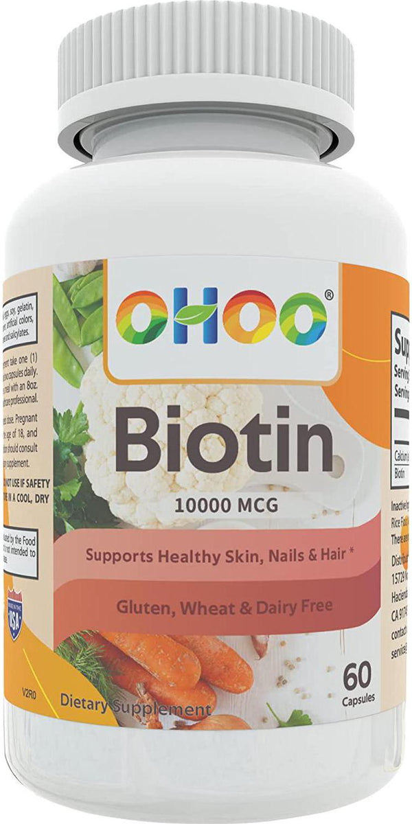 Biotin 10,000mcg | B Vitamin Supplement |Supports Stress Relief, Healthy Hair, Skin, Nail and Nervous System* | Calcium 176mg, Gluten Free 60 Capsules