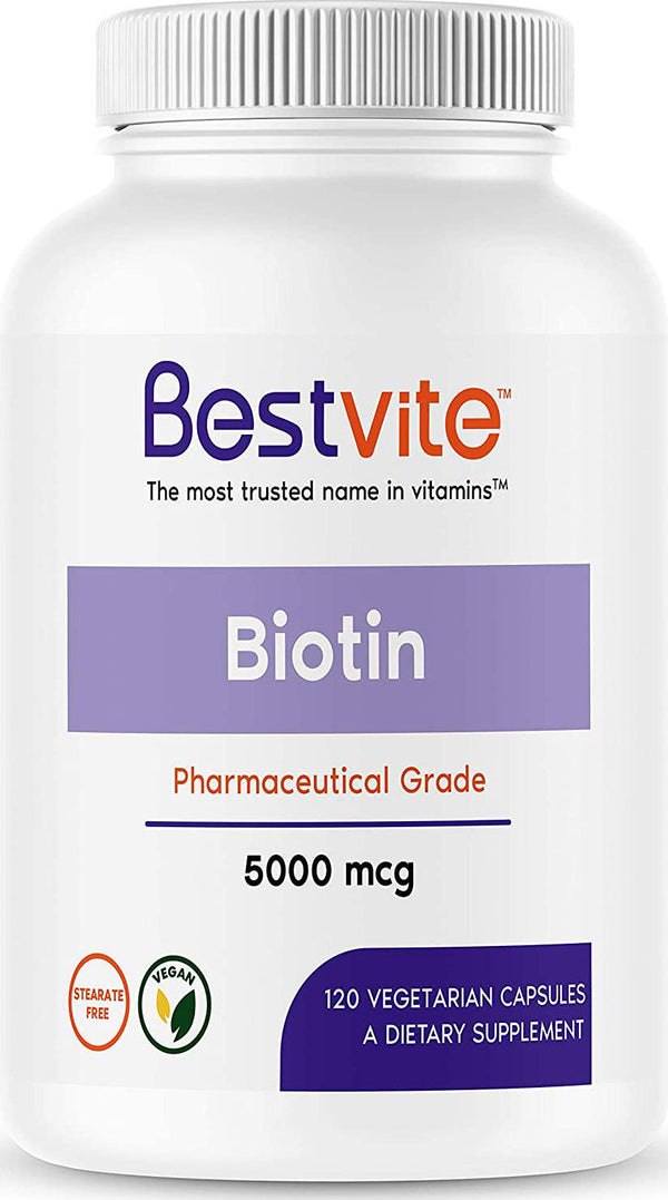 Biotin 5000mcg (120 Vegetarian Capsules) - No Stearates - No Flow Agents - Vegan - Non GMO - Gluten Free - Hair, Skin, Nails