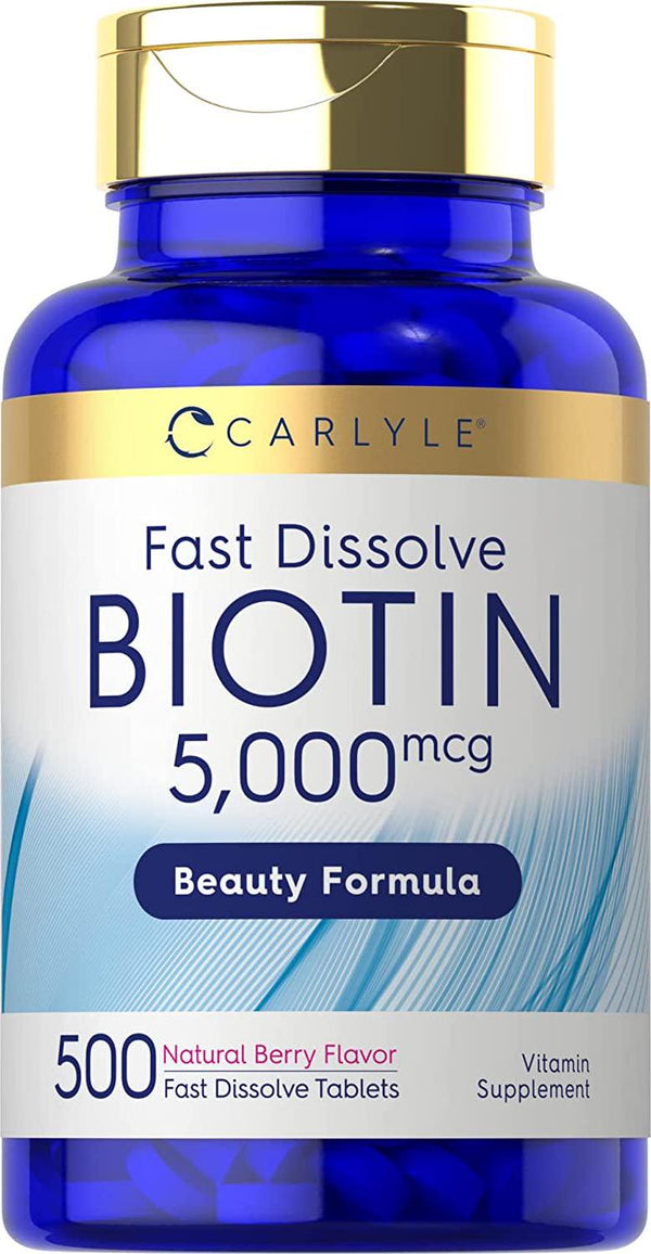 Biotin 5000mcg | 500 Fast Dissolve Tablets | Vegetarian, Non-GMO, Gluten Free Supplement | by Carlyle
