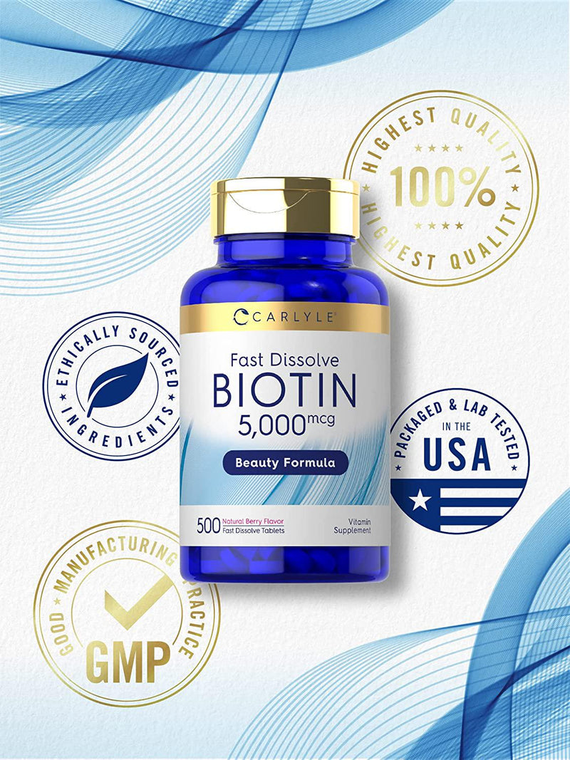 Biotin 5000mcg | 500 Fast Dissolve Tablets | Vegetarian, Non-GMO, Gluten Free Supplement | by Carlyle