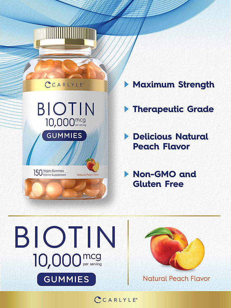 Biotin Gummies | 10000mcg | 150 Count | Peach Flavor Supplement | Vegan, Non-GMO, Gluten Free | by Carlyle