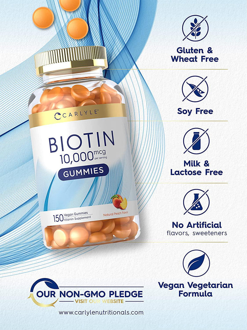 Biotin Gummies | 10000mcg | 150 Count | Peach Flavor Supplement | Vegan, Non-GMO, Gluten Free | by Carlyle