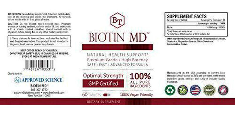 Biotin MD Extra Strength Pure Biotin 10,000mcg for Improved Hair, Skin and Nail Health; 60 Vegan Tablets; Made in USA