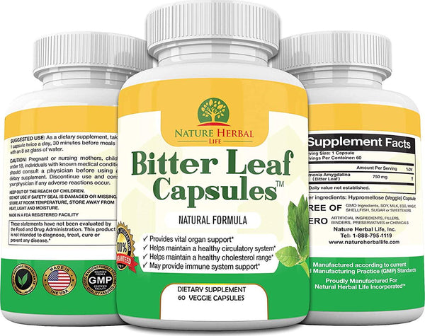 Bitter Leaf Capsules. Blood Sugar and Heart Health Support Supplement. Three (3) Bottles 3 Months Supplies) 750Mg.