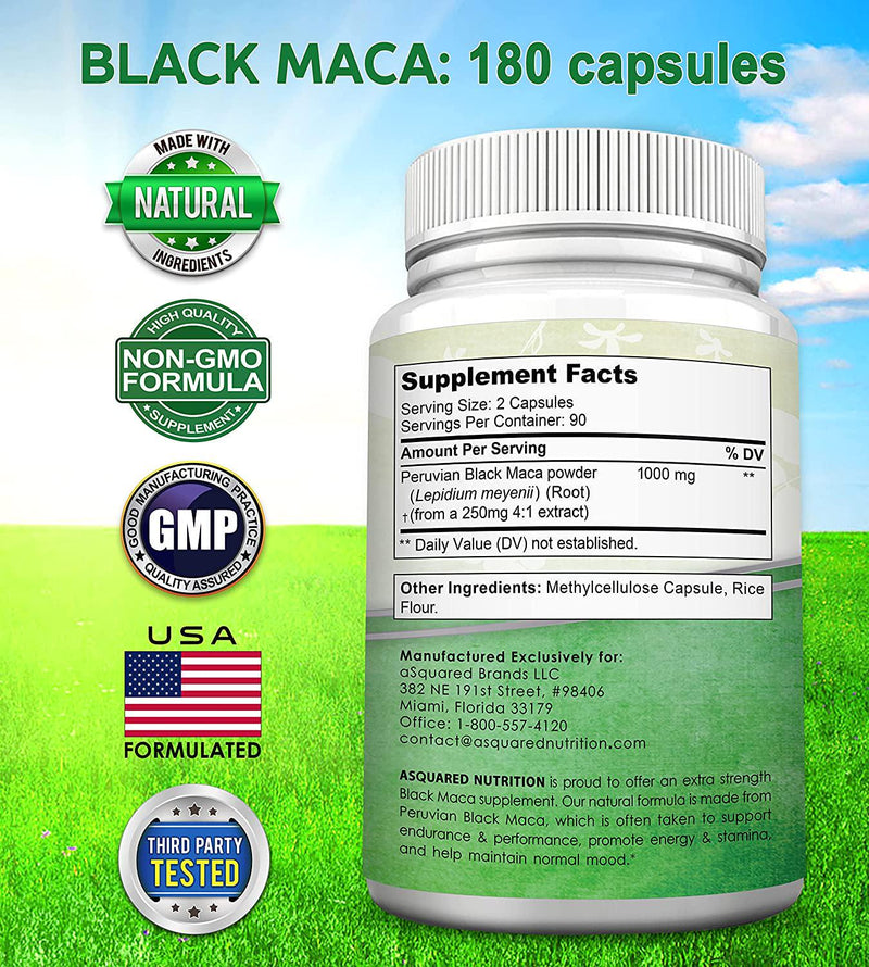 Black Maca Root - 180 Capsules - Max Strength 1000mg Per Serving - Gelatinized Maca Root Extract Supplement from Peru - Natural Pills to Support Health and Pure Energy - Non-GMO