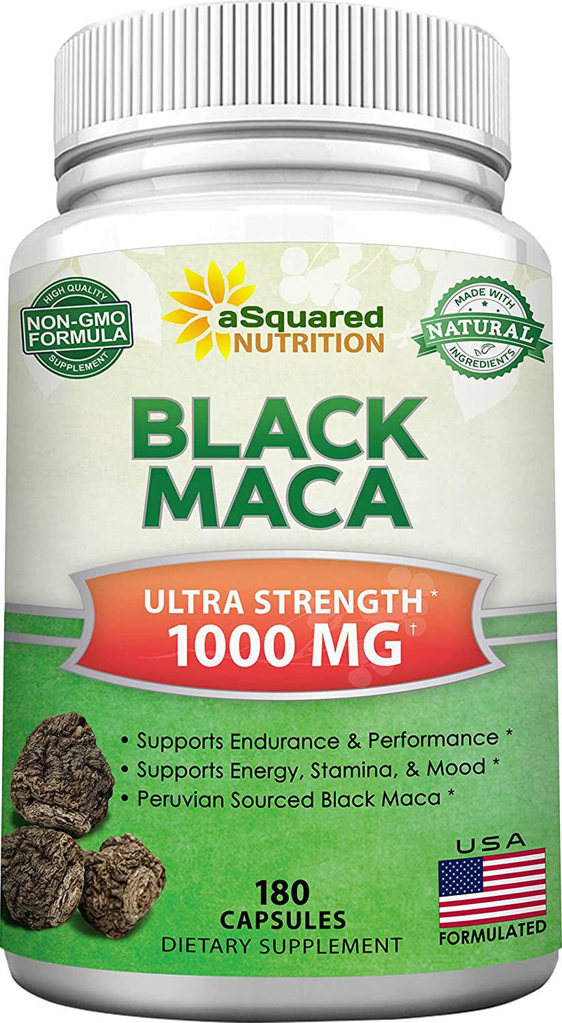 Black Maca Root - 180 Capsules - Max Strength 1000mg Per Serving - Gelatinized Maca Root Extract Supplement from Peru - Natural Pills to Support Health and Pure Energy - Non-GMO