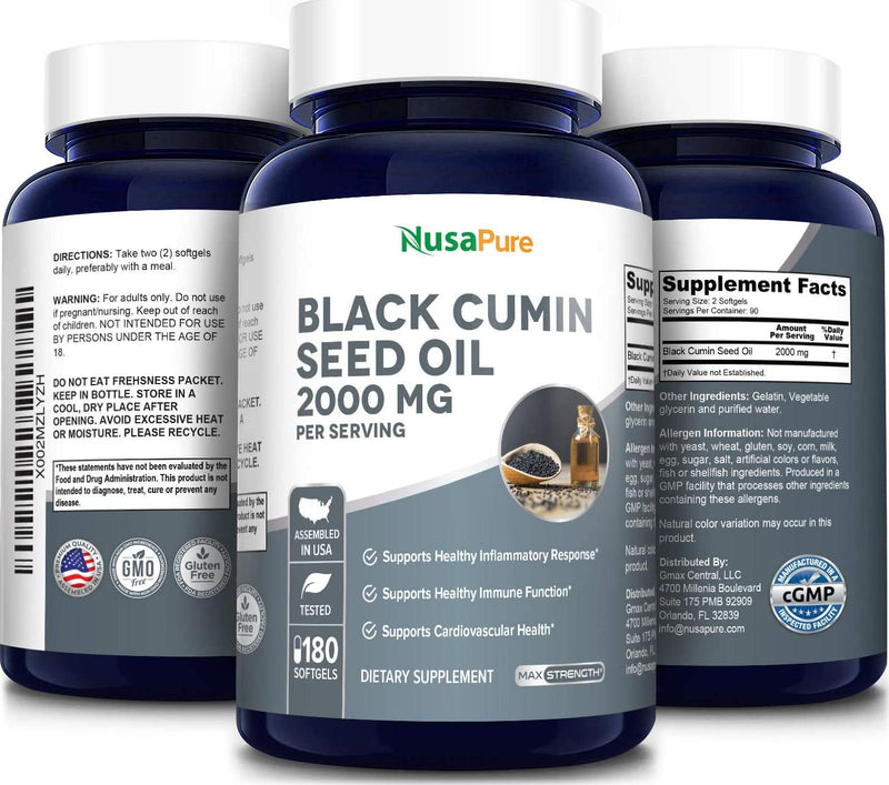 Black Seed Oil 2000 mg per Serving - 180 Softgel Caps (Non-GMO and Gluten-Free) Cold-Pressed Nigella Sativa Producing Pure Black Cumin Seed Oil with Vitamin E