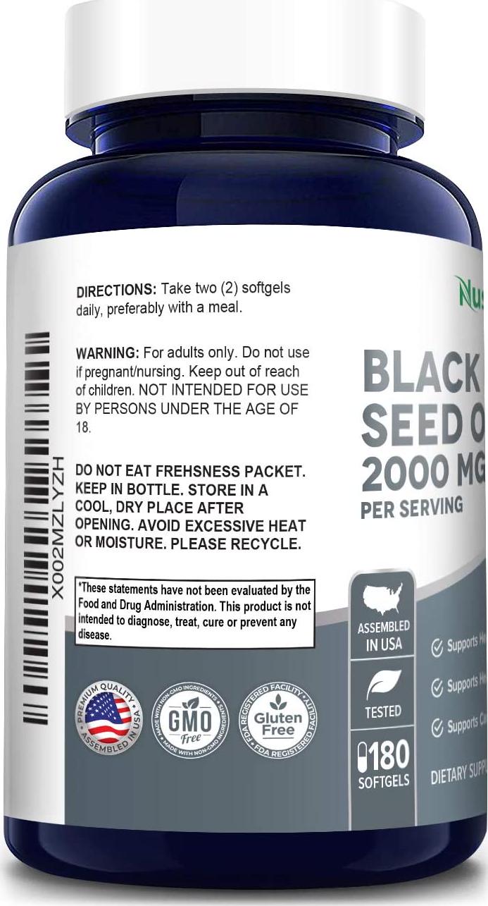 Black Seed Oil 2000 mg per Serving - 180 Softgel Caps (Non-GMO and Gluten-Free) Cold-Pressed Nigella Sativa Producing Pure Black Cumin Seed Oil with Vitamin E