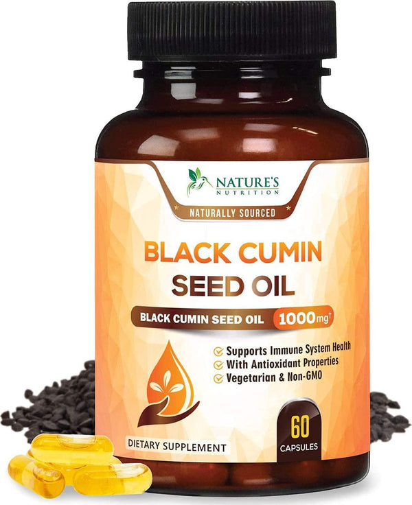 Black Seed Oil Capsules, Max Potency Cold-Pressed 1000mg - Premium Nigella Sativa Black Cumin, Amazing Antioxidant Highest Thymoquinone, Non-GMO Supplement Pills by Natures Nutrition - 60 Capsules