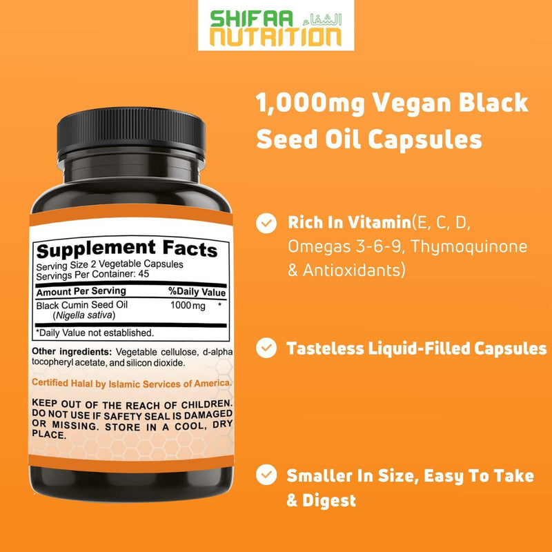Black Seed Oil Pills by SHIFAA NUTRITION | Nigella Sativa, Kalonji | Support for Immune, Joint, Arthritis, Heart, Cholesterol, Digestion, Blood Pressure, Diabetes, Skin | Halal | 45 Servings