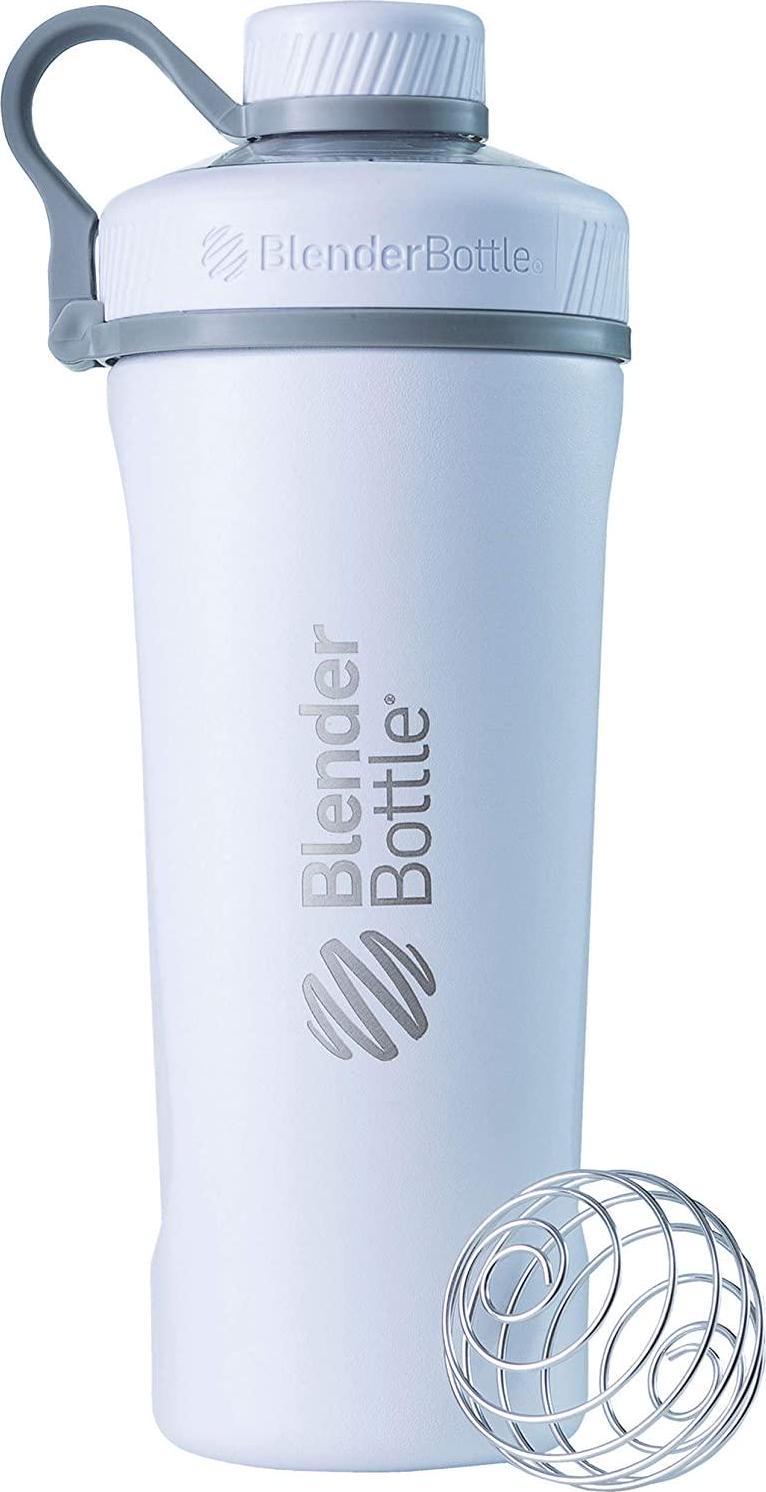BlenderBottle Radian Shaker Cup Insulated Stainless Steel Water Bottle with Wire Whisk, 26-Ounce, Matte White and 2-in-1 Bottle and Straw Cleaning Brush