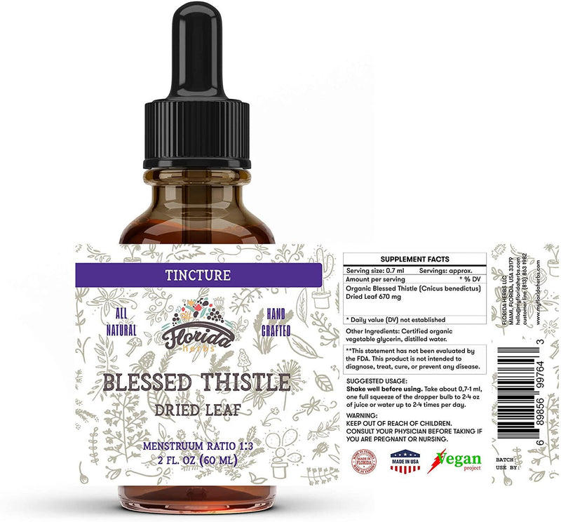 Blessed Thistle Tincture, Organic Blessed Thistle Extract (Cnicus benedictus) Herbal Supplement, Non-GMO in Cold-Pressed Organic Vegetable Glycerin, 700 mg, 2 oz (60 ml)