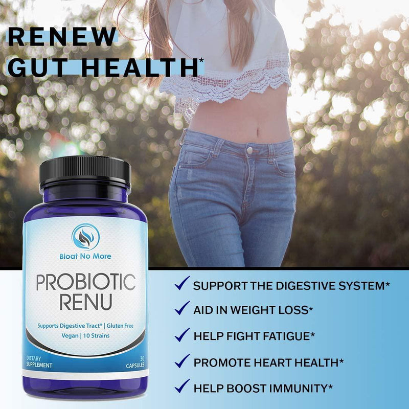 Bloat No More: Probiotic Renu Dietary Supplements for Women | Made in USA | Support Immunity, Digestive Tract and Blood Sugar | Gluten-Free Vegan - Blend of 50 Billion CFU - 10 Strains - 30 Capsules