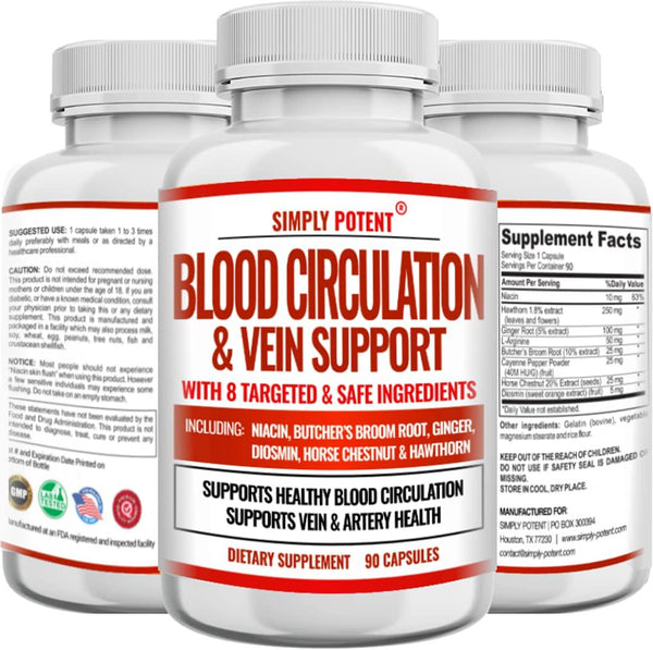 Blood Circulation and Vein Support Supplement, Helps Reduce Spider and Varicose Veins, Supports Vessels, Leg and Cardiovascular Health w/ Niacin, L-Arginine, Ginger, Cayenne Pepper, Hawthorn (Pack of 1)