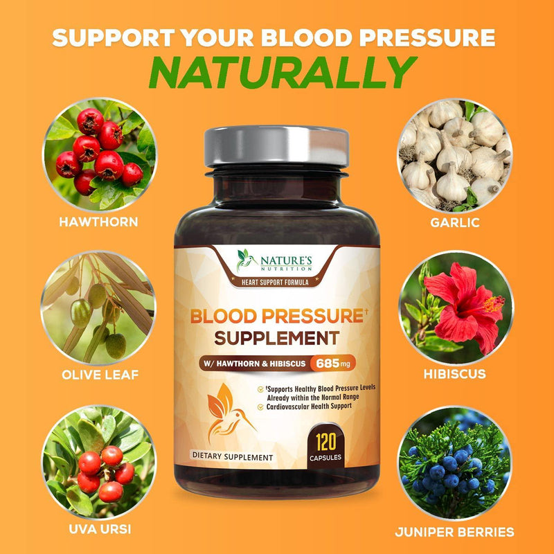 Blood Pressure Supplement Highest Potency Cardiovascular Support 690mg - Heart Health Vitamins - Made in USA - Best Vegan Naturally Lowering BP Pill with Garlic, Hawthorn and Hibiscus - 120 Capsules