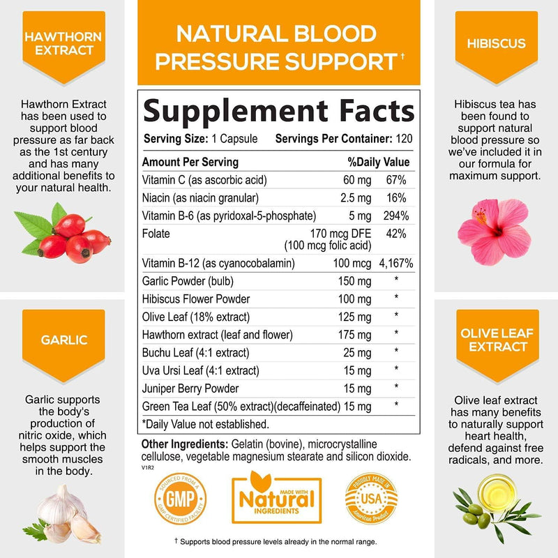 Blood Pressure Supplement Highest Potency Cardiovascular Support 690mg - Heart Health Vitamins - Made in USA - Best Vegan Naturally Lowering BP Pill with Garlic, Hawthorn and Hibiscus - 120 Capsules