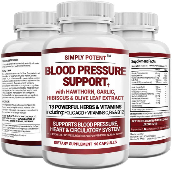 Blood Pressure Support Supplement, 90 Natural High Blood Pressure Capsules w/13 Vitamins and Herbs Including B12, Hawthorn, Olive Leaf, Garlic and Hibiscus for BP Hypertension, Heart and Circulatory Health
