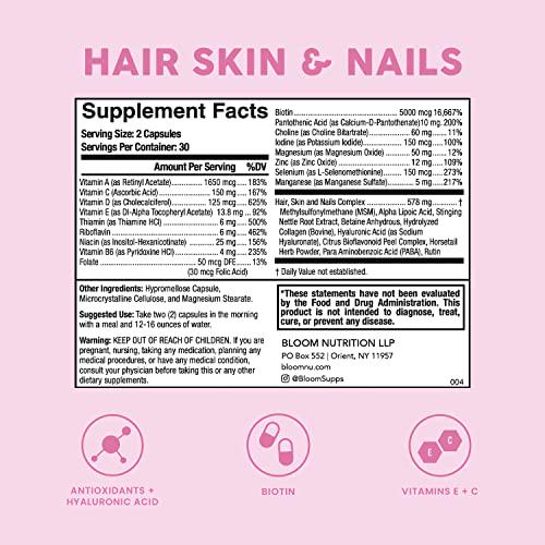 Bloom Nutrition HSN Capsules with Vitamin A, B, C, D, E, Biotin, Folic Acid, and Collagen | Hair Skin and Nails Supplement | Vegan Friendly, Gluten Free, Non-GMO | 60 Count