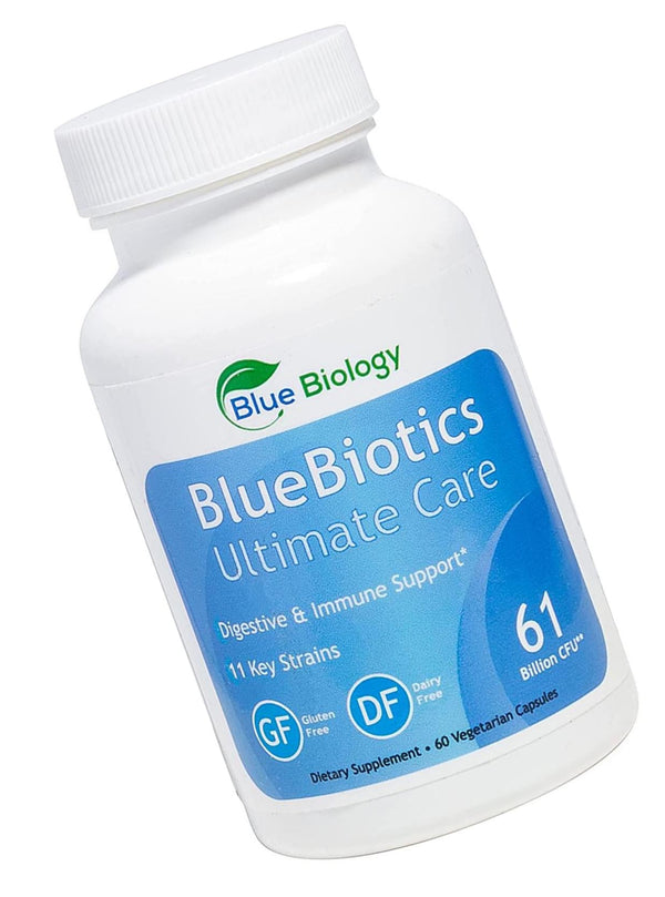 BlueBiotics Ultimate Care - Probiotic 61 Billion CFU - Shelf Stable, Guaranteed Potency Until Expiration, No Refrigeration - Gluten Dairy Free for Women Men - 60 Vegetable Capsules