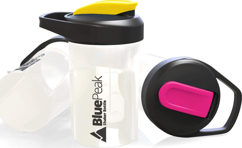 BluePeak Protein Shaker Bottle 20 oz with Dual Mixing Technology, Strong Loop Top, BPA Free, Shaker Balls and Mixing Grids Included - On-The-Go Small Protein Shakers (3 Pack - Black, Yellow, Pink)
