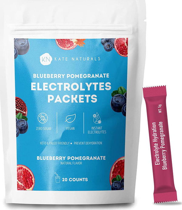 Blueberry Pomegranate Electrolyte Powder Packet Mix 20 Count by Kate Naturals in Resealable Bag. Vegan, Restore Energy, Prevent Dehydration, Eliminate Cramps, Non-GMO, Keto-Friendly