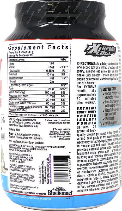 Bluebonnet Nutrition Extreme Edge Whey Protein Isolate Powder, Grass Fed Cows, 26 Grams of Protein, No Sugar Added, Non GMO, Gluten Free, Soy Free, Kosher Dairy, 2 lb, 30 Servings, Vanilla Flavor